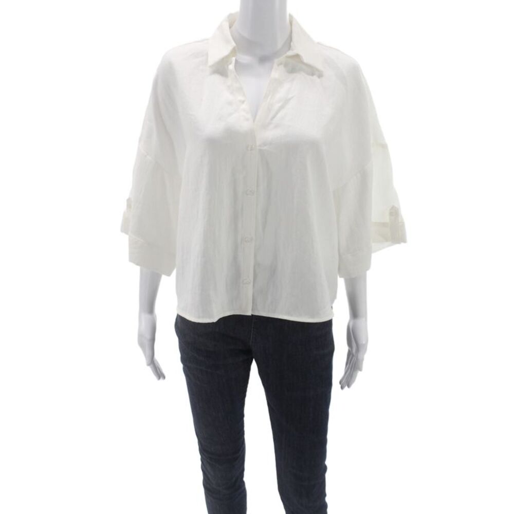 Zara Women Basic Button-Up Collared White 3/4 Sleeve Viscose Top Size S